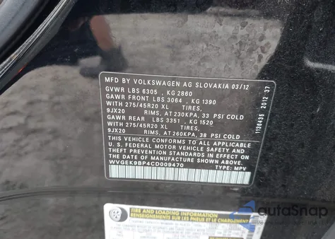 2012 Volkswagen Touareg Tdi Executive from USA, damaged, VIN WVGEK9BP4CD009470